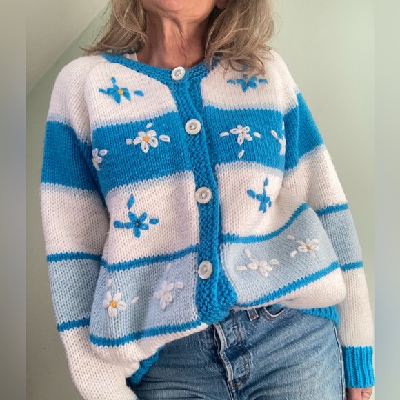 Hand Crafted Sweaters - Vintage Blue and White Hand Knitted Grandma Cardigan Sweater Embroidered Flowers
